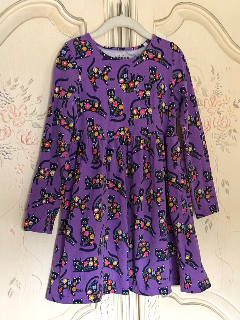Mini Boden 7-8Y Purple Black Cat Print Soft Jersey Dress w/pockets